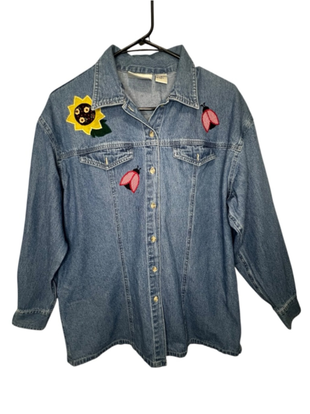 Bill Blass Vintage Long Sleeve Denim Shirt With Embroidered Spring Design